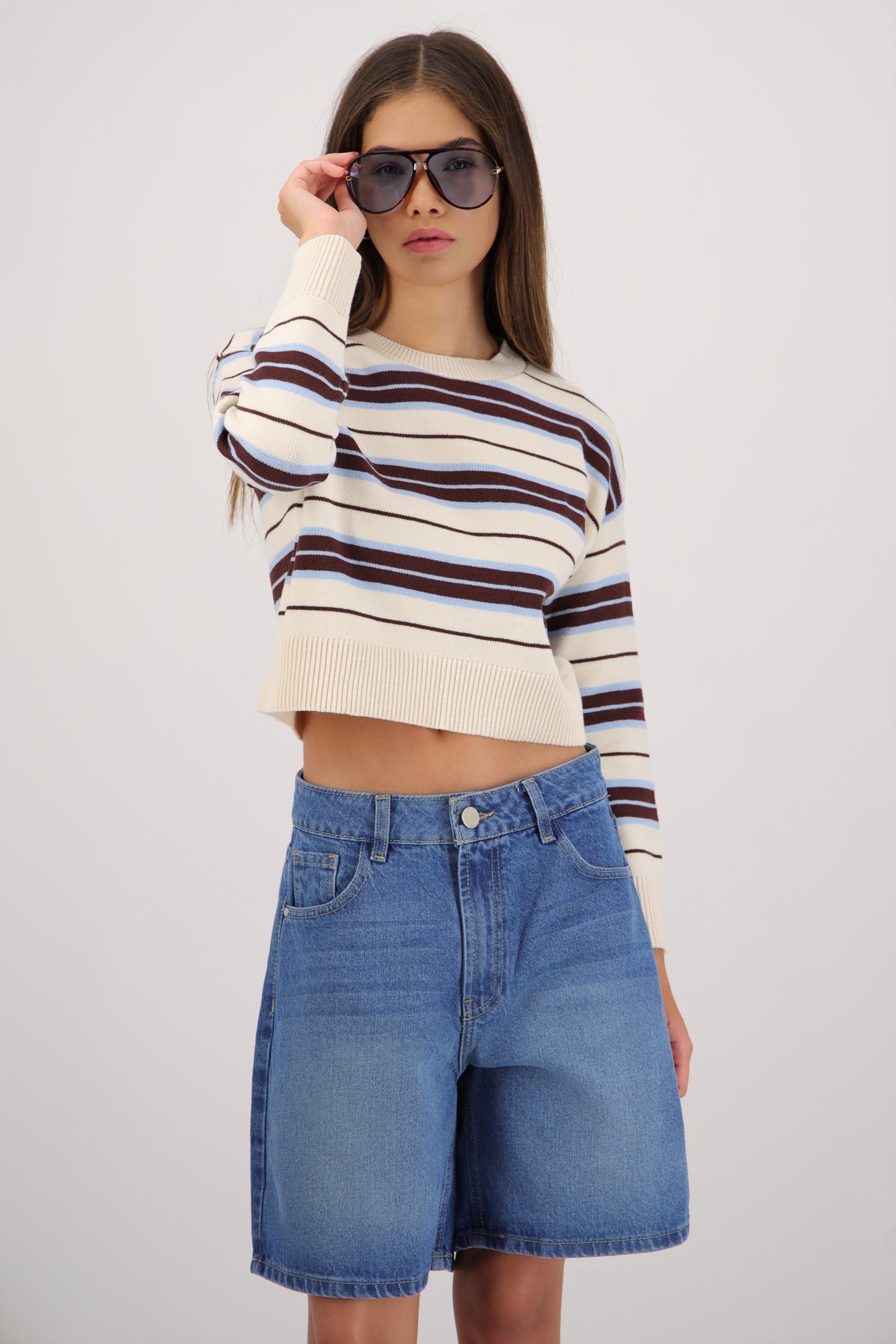 Suéter cuello redondo detalle rayas AZUL COMBO