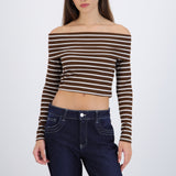Top off shoulder manga larga rayas