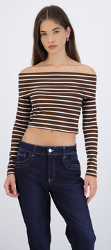 Top off shoulder manga larga rayas