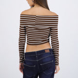 Top off shoulder manga larga rayas