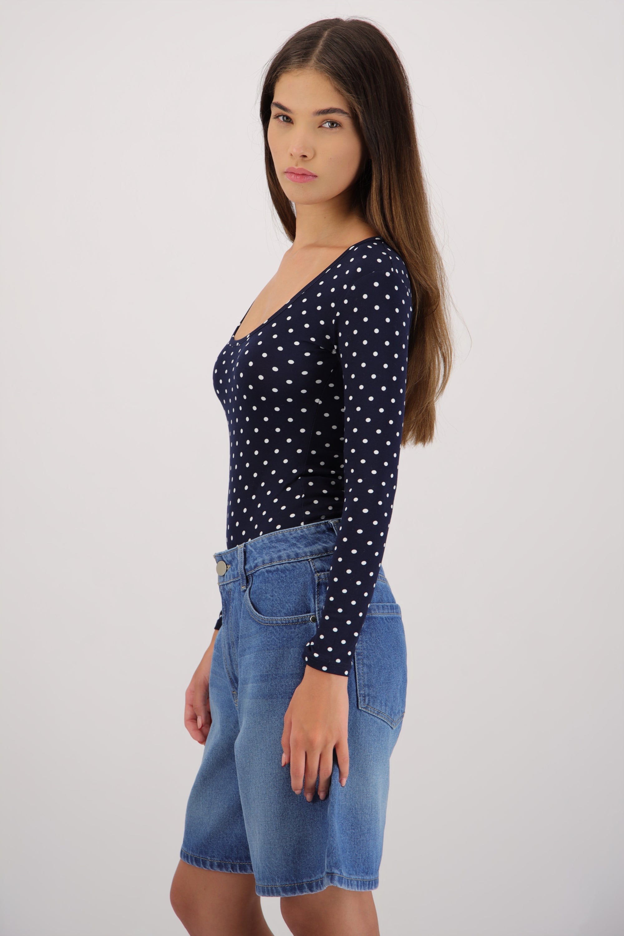 Body manga larga escote cuadrado polka dots MARINO COMBO