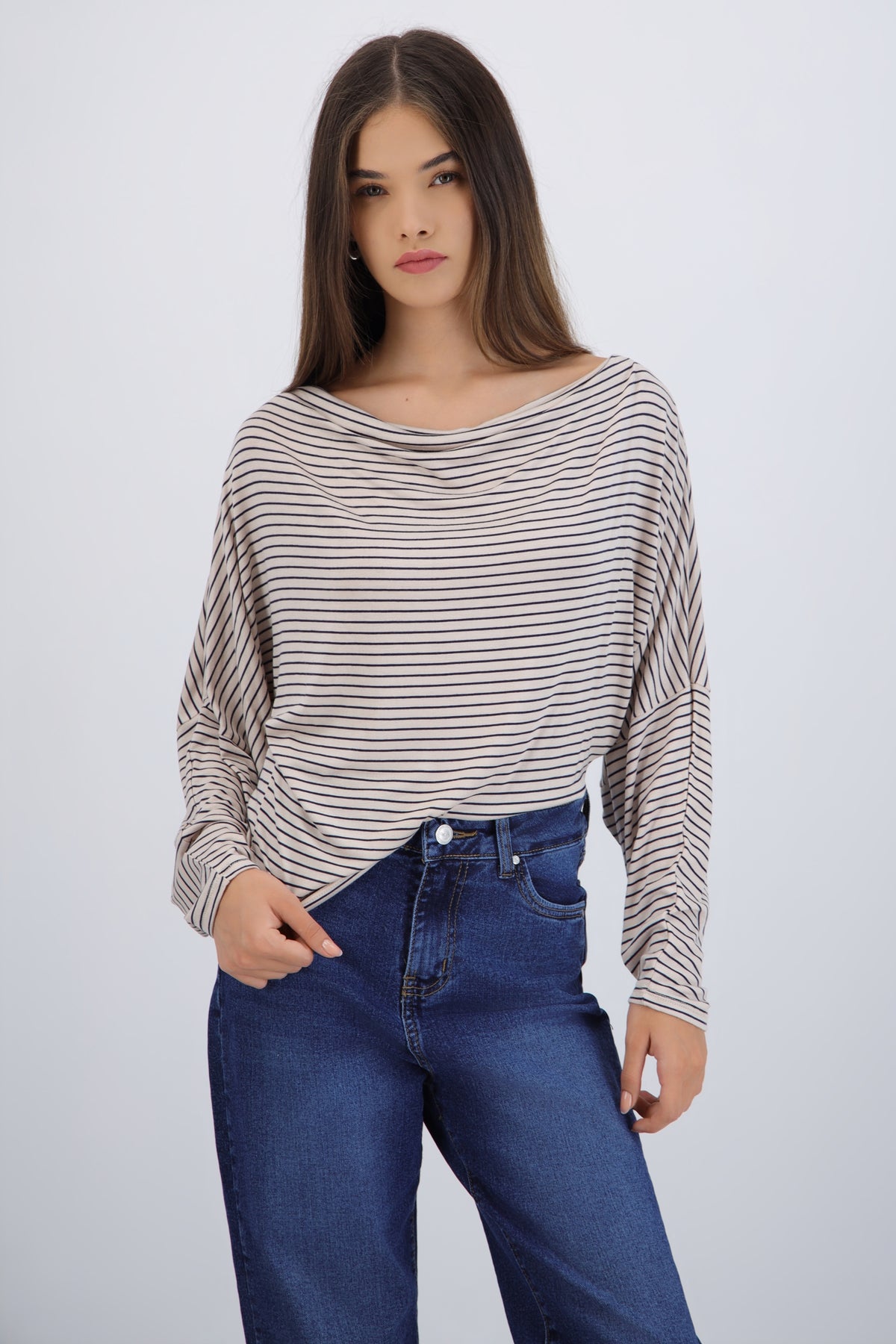Blusa manga larga escote drapeado rayas KHAKI COMBO