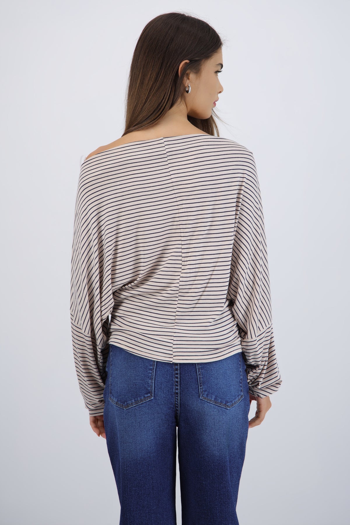 Blusa manga larga escote drapeado rayas KHAKI COMBO