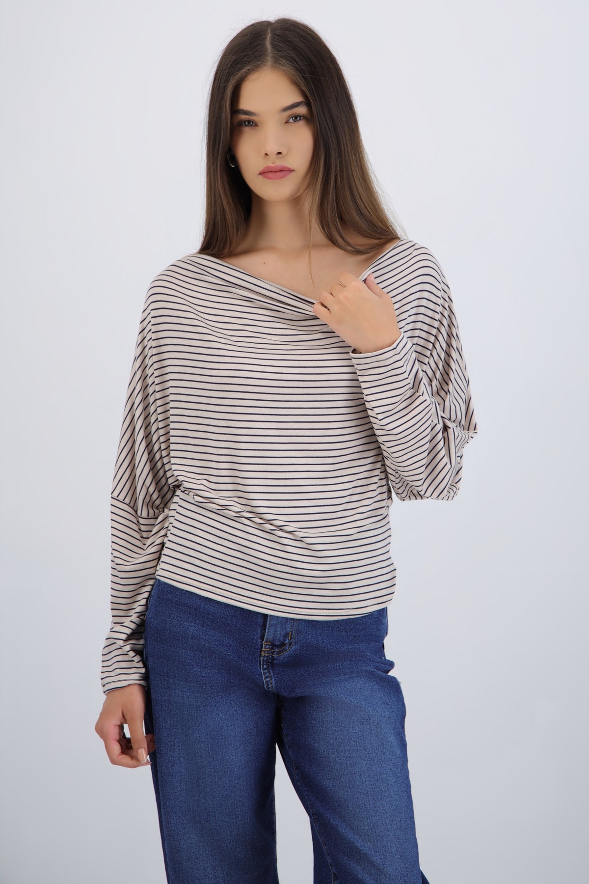 Blusa manga larga escote drapeado rayas KHAKI COMBO