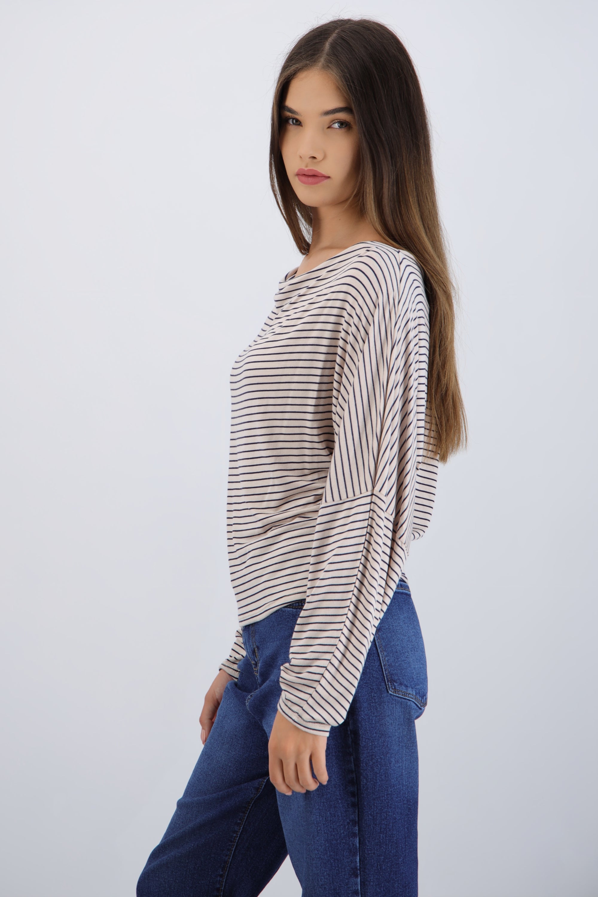 Blusa manga larga escote drapeado rayas