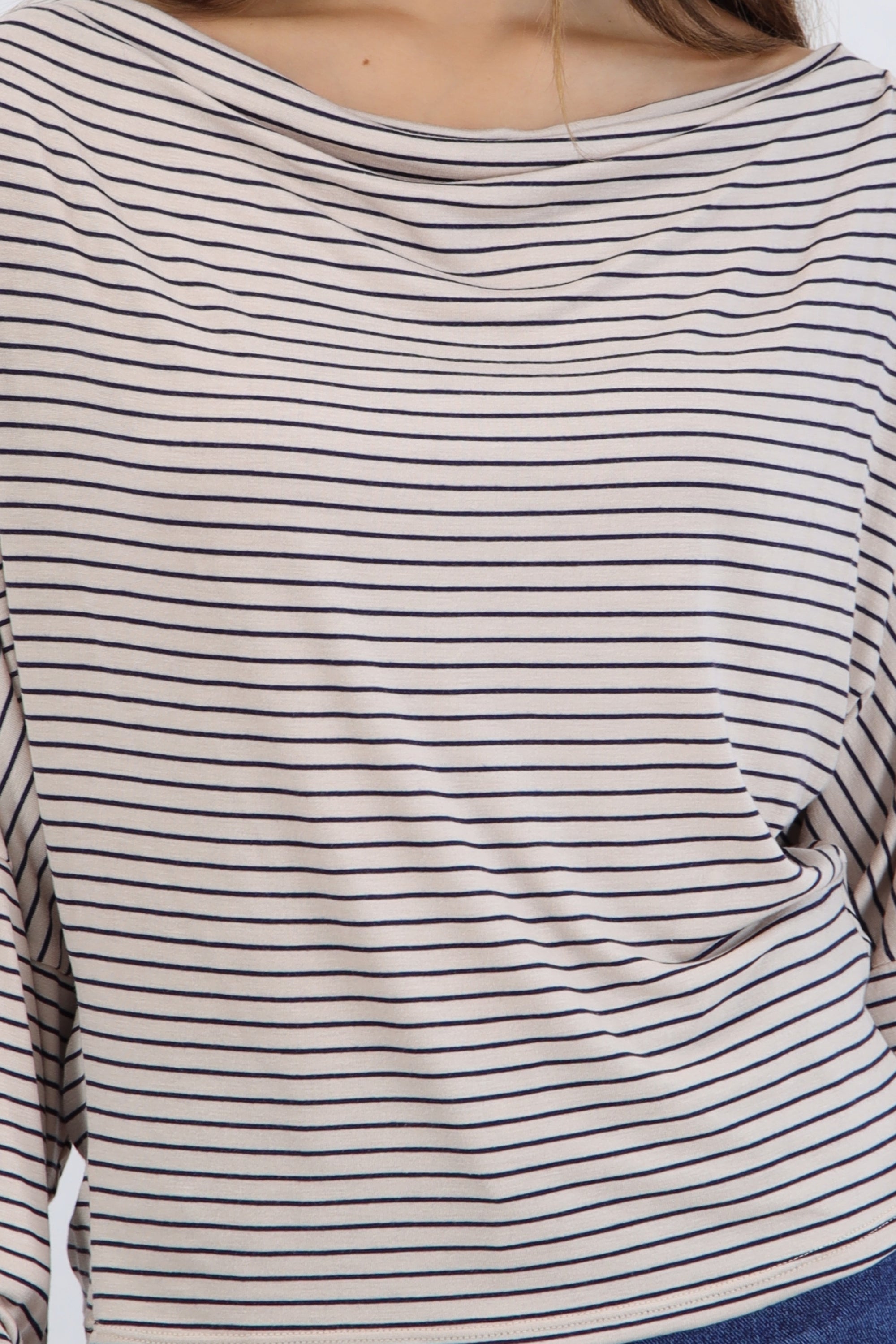 Blusa manga larga escote drapeado rayas KHAKI COMBO
