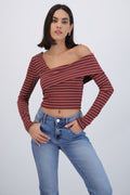 Top asimetrico off shoulder manga larga rayas