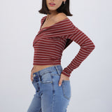 Top asimetrico off shoulder manga larga rayas