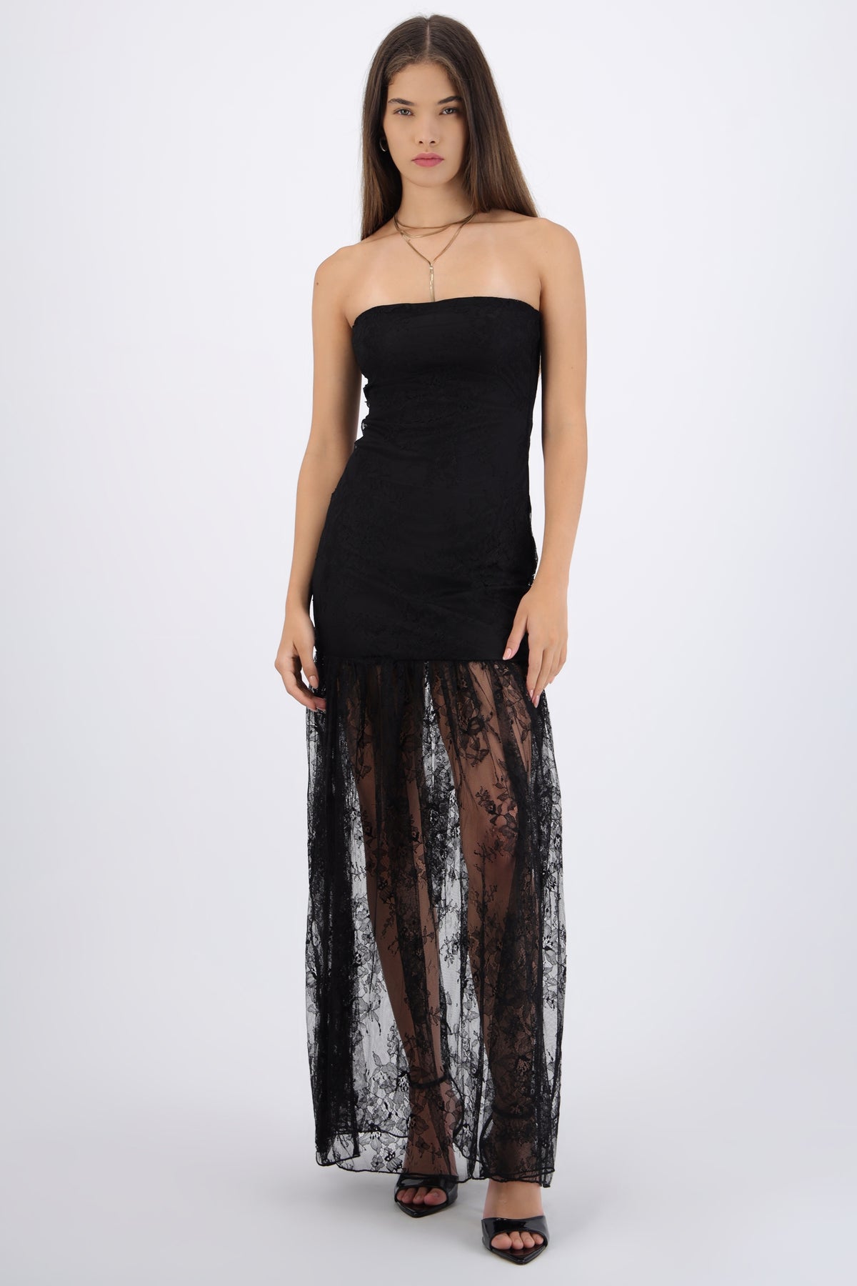 Vestido largo transparencia encaje NEGRO