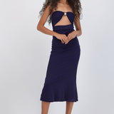 Vestido maxi bandeau rayas lurex detalle hebilla