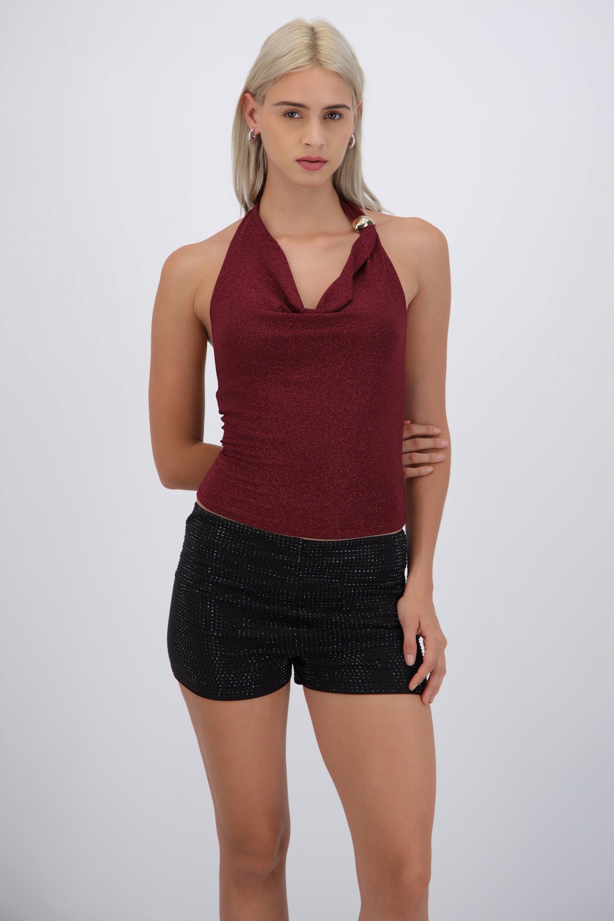 Top halter buello cascada brillos con hebilla