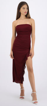 Vestido maxi bandeau mesh drapeado con abertura