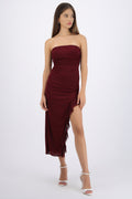 Vestido maxi bandeau mesh drapeado con abertura