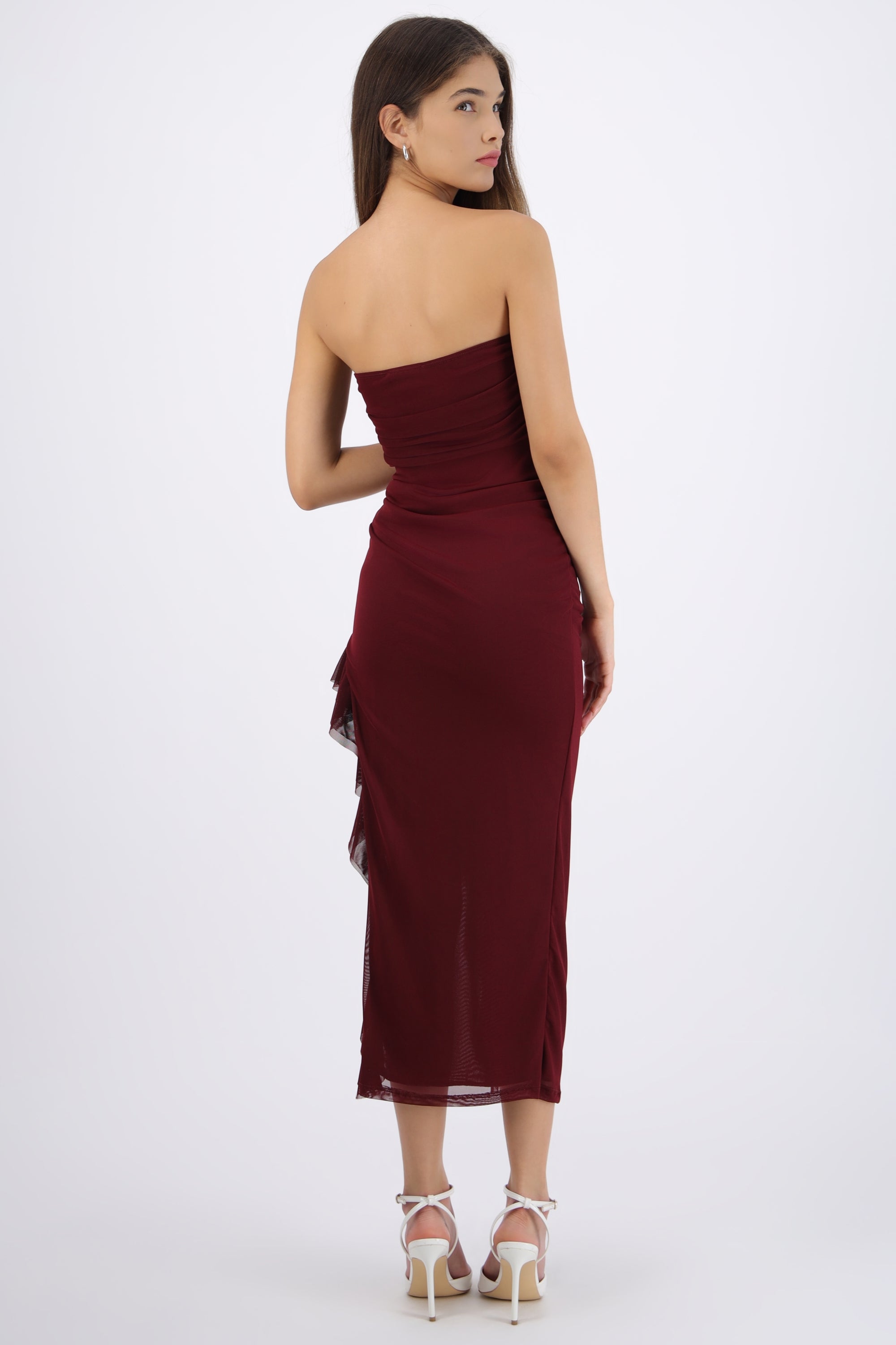 Vestido maxi bandeau mesh drapeado con abertura