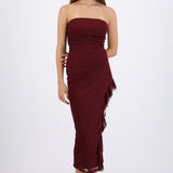 Vestido maxi bandeau mesh drapeado con abertura