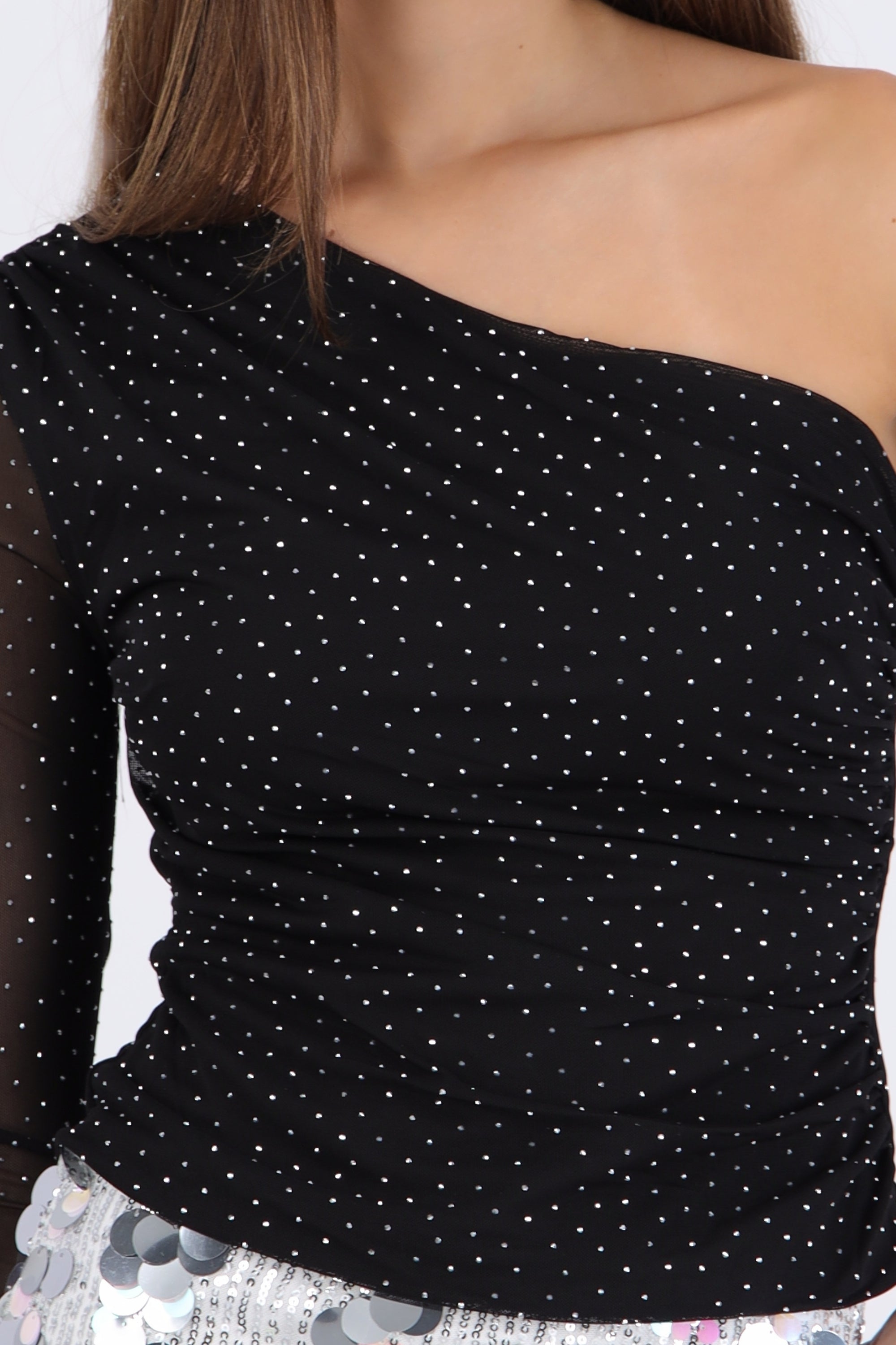 Top one shoulder mesh brillos