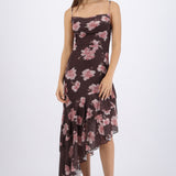 Vestido maxi asimetrico con tirantes estampado