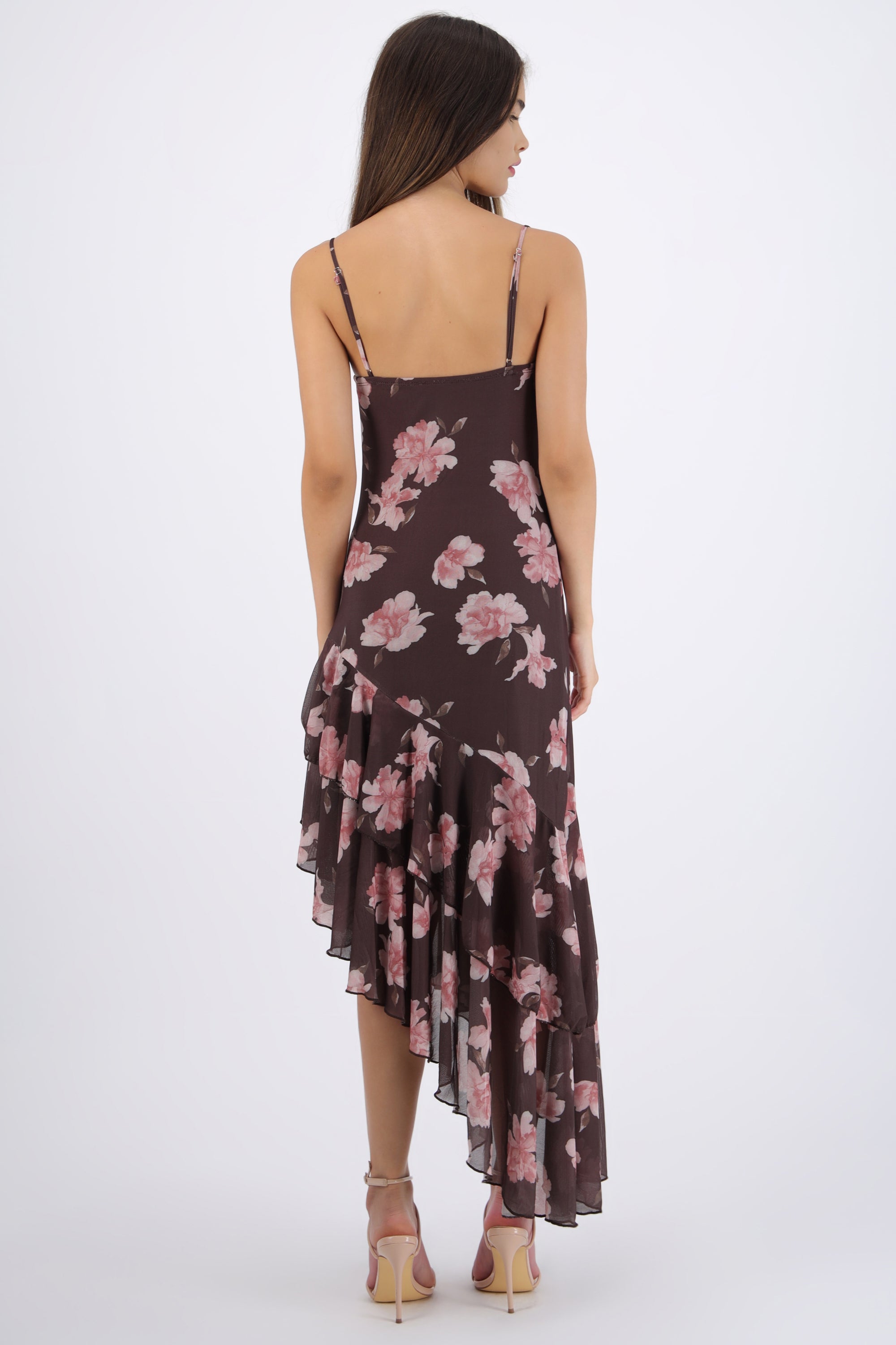 Vestido maxi asimetrico con tirantes estampado CAFE COMBO