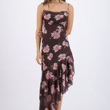 Vestido maxi asimetrico con tirantes estampado