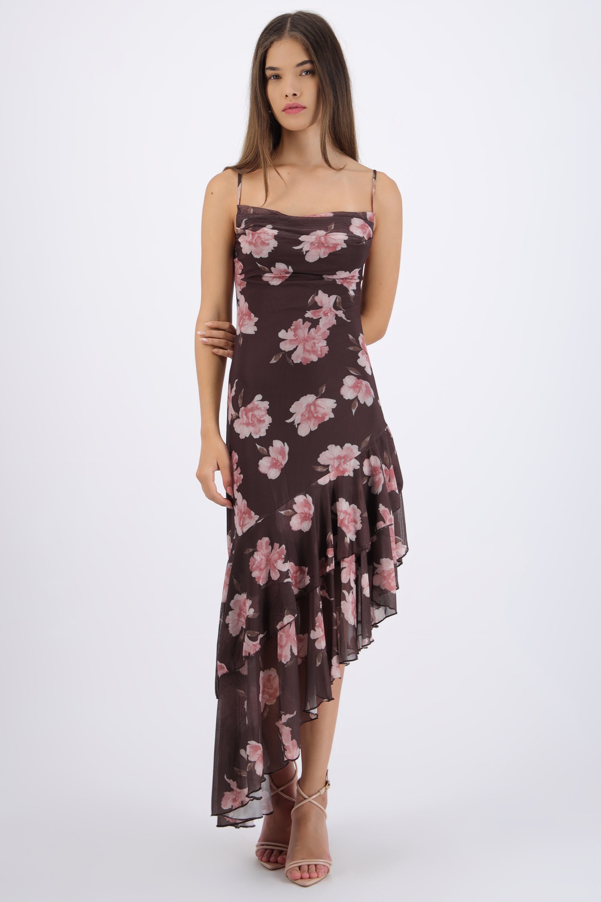 Vestido maxi asimetrico con tirantes estampado