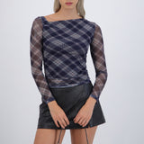 Top manga larga escote asimetrico mesh cuadros
