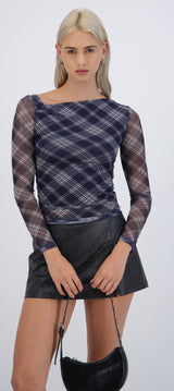 Top manga larga escote asimetrico mesh cuadros
