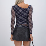 Top manga larga escote asimetrico mesh cuadros