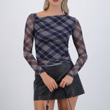Top manga larga escote asimetrico mesh cuadros