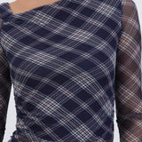 Top manga larga escote asimetrico mesh cuadros