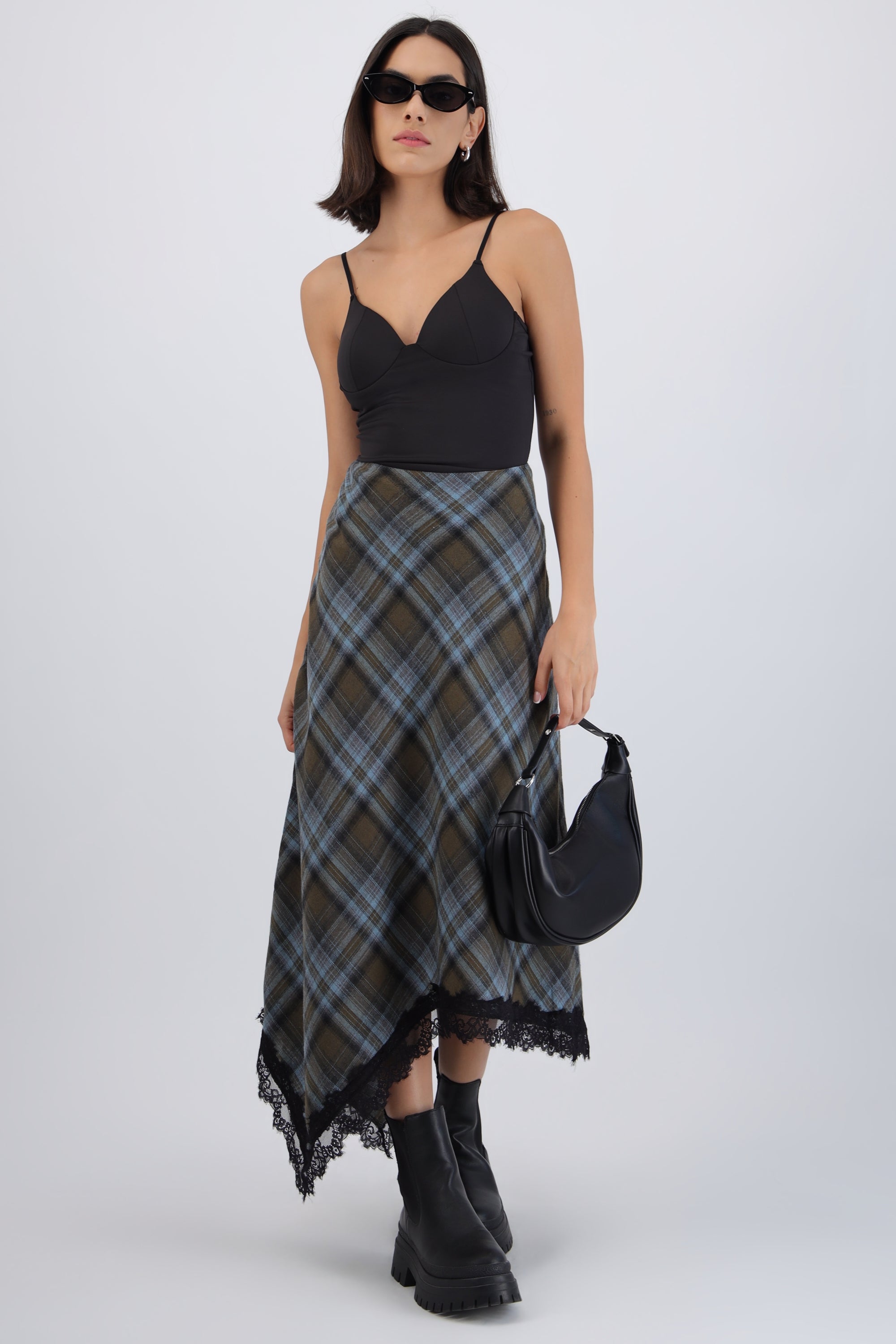 Falda midi cuadros con encaje CAFE COMBO