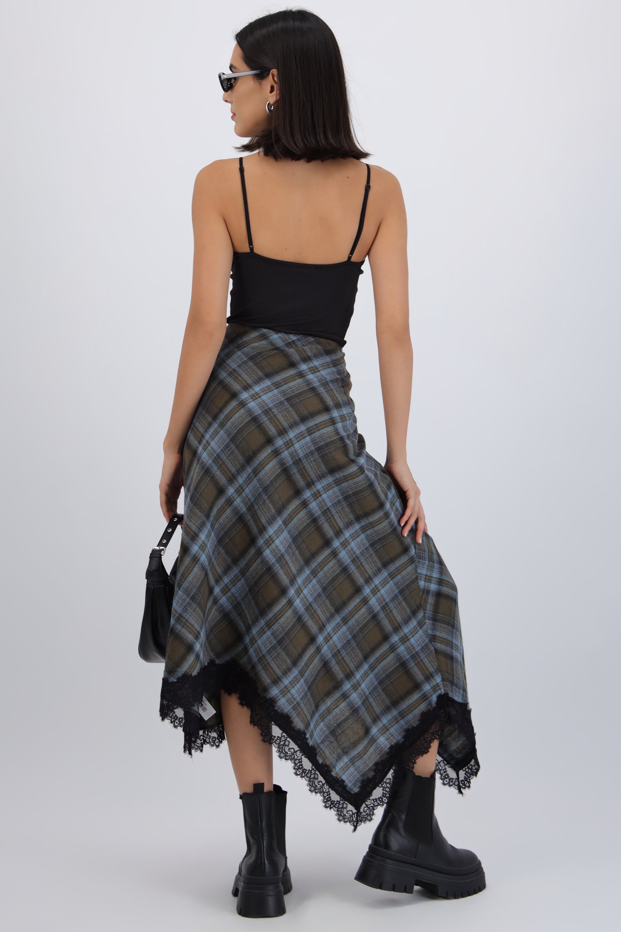 Falda midi cuadros con encaje CAFE COMBO