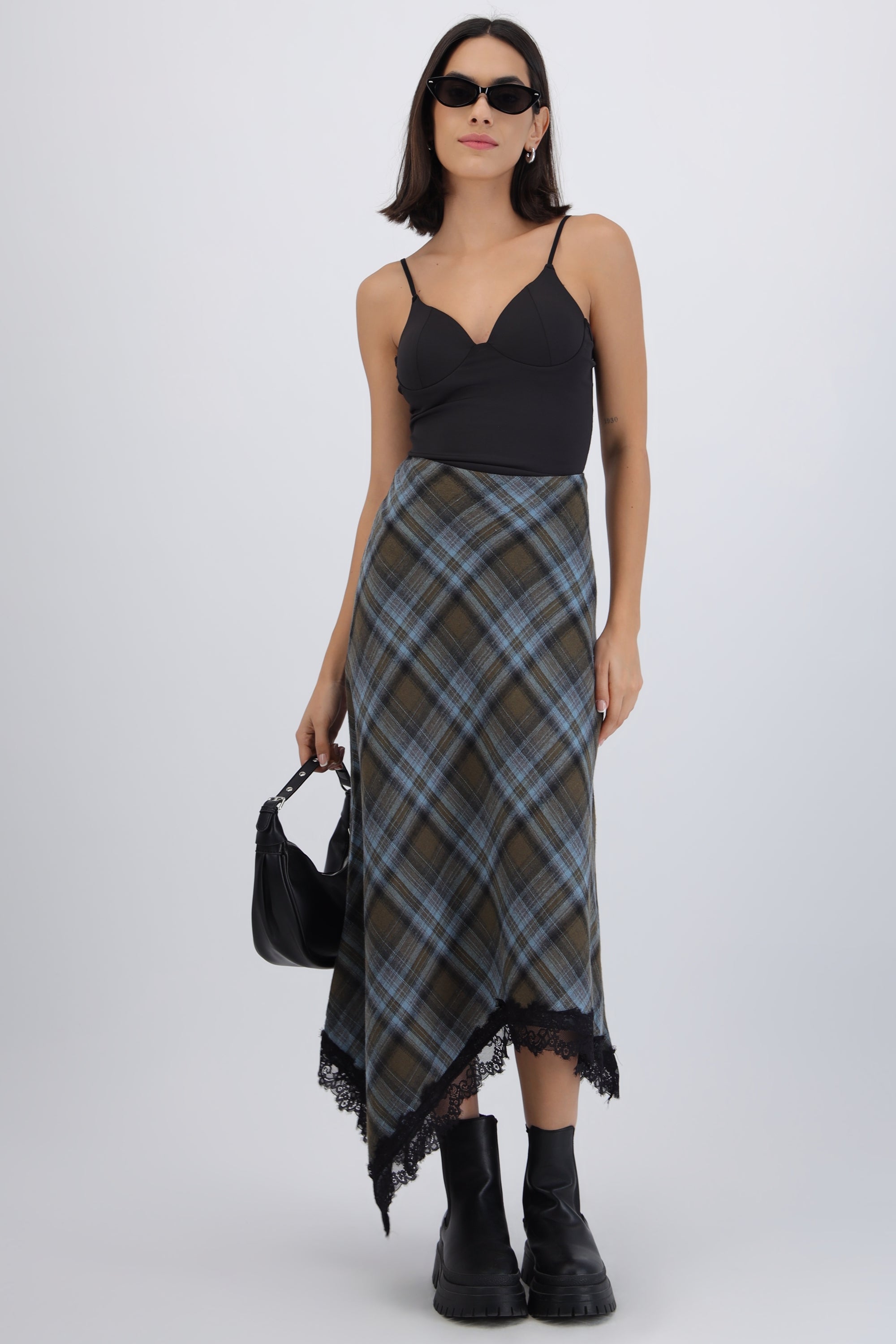 Falda midi cuadros con encaje