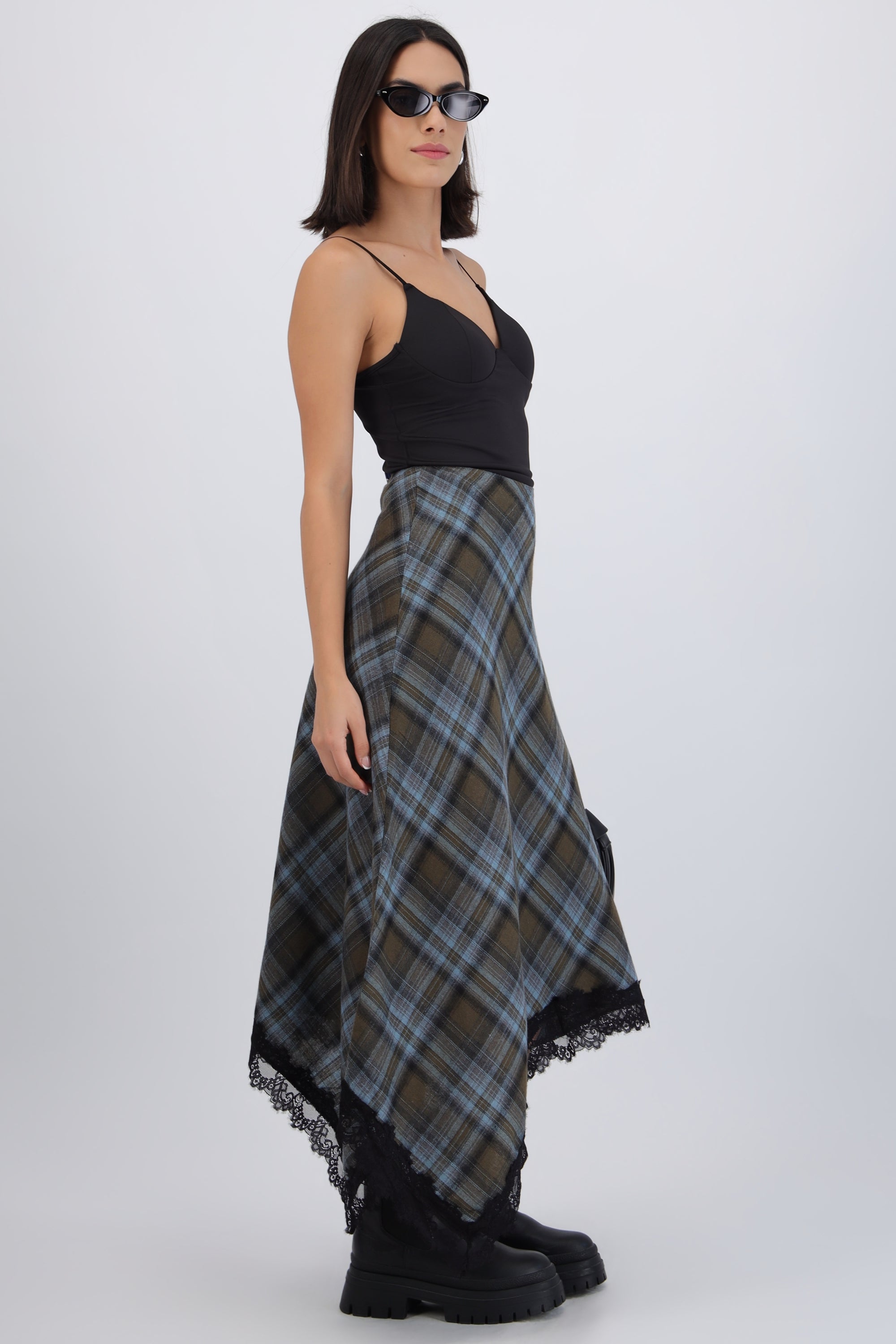 Falda midi cuadros con encaje CAFE COMBO