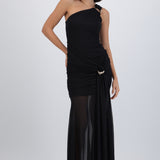 Vestido maxi mesh un hombro