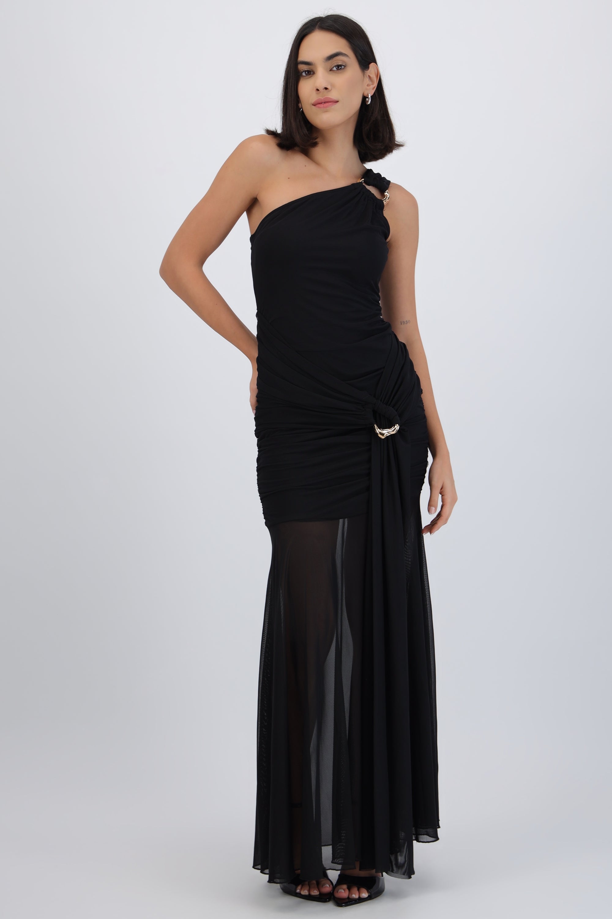 Vestido maxi mesh un hombro NEGRO