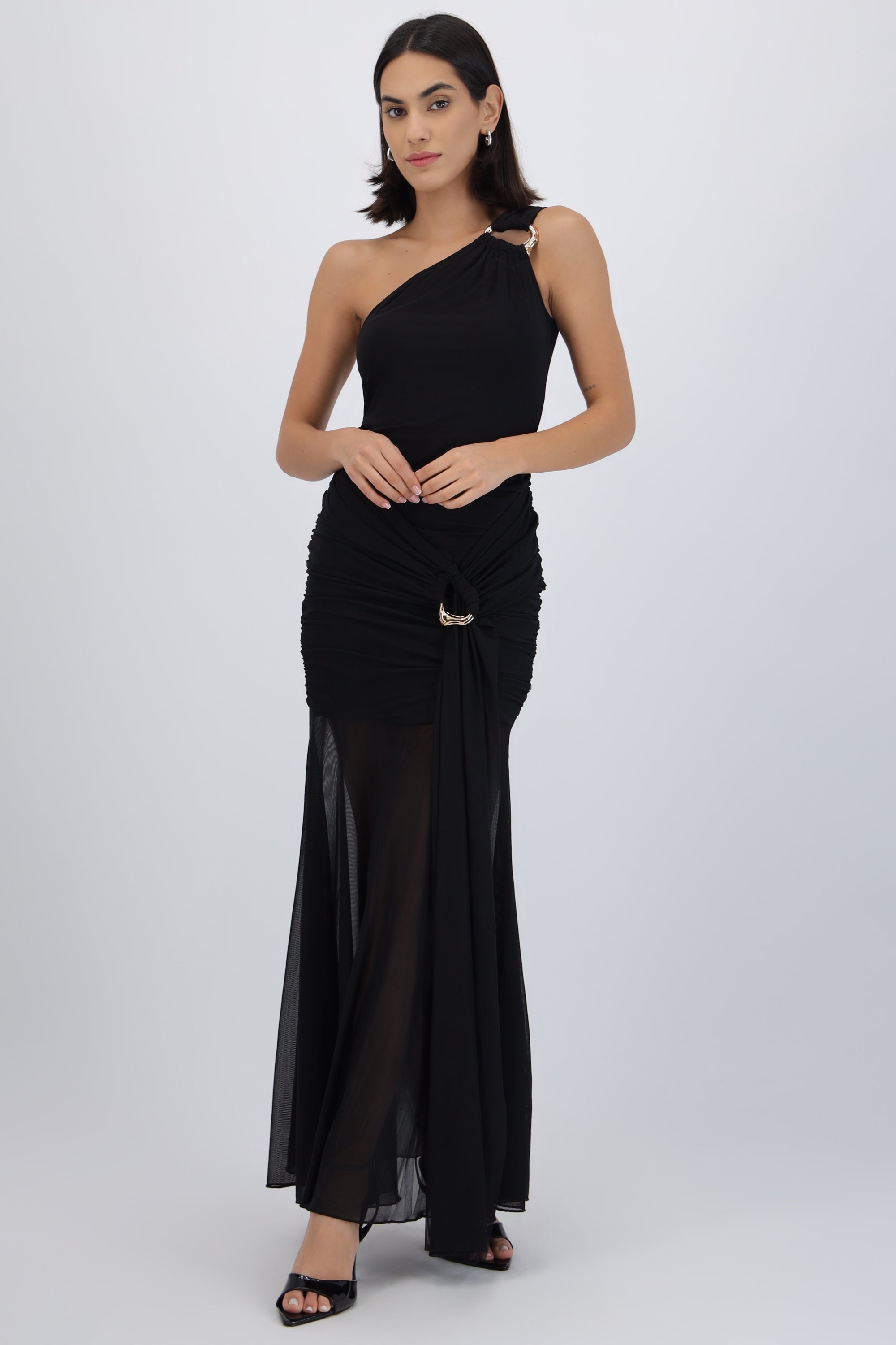 Vestido maxi mesh un hombro