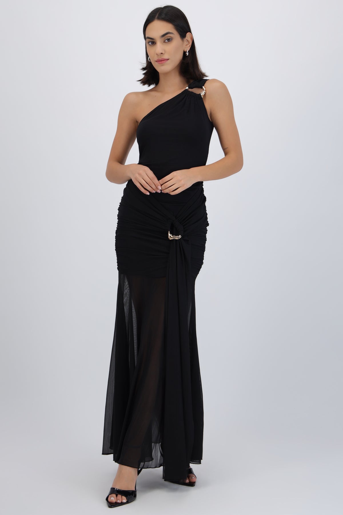 Vestido maxi mesh un hombro NEGRO