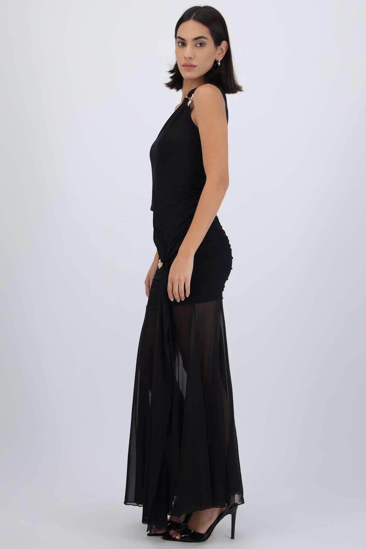 Vestido maxi mesh un hombro NEGRO