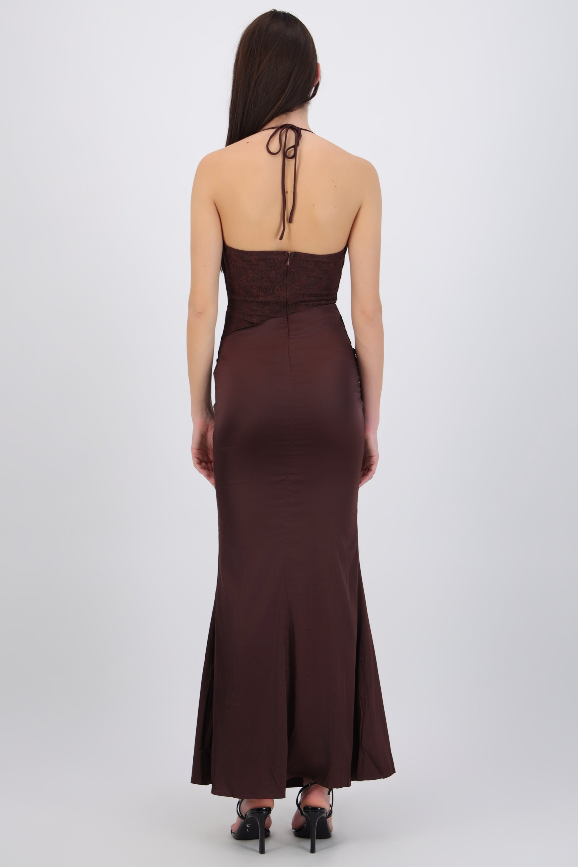 Vestido halter con encaje satin liso
