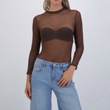 Bodysuit manga larga mesh brillos
