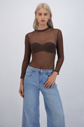 Bodysuit manga larga mesh brillos