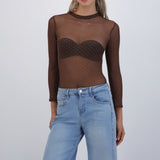 Bodysuit manga larga mesh brillos