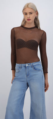 Bodysuit manga larga mesh brillos