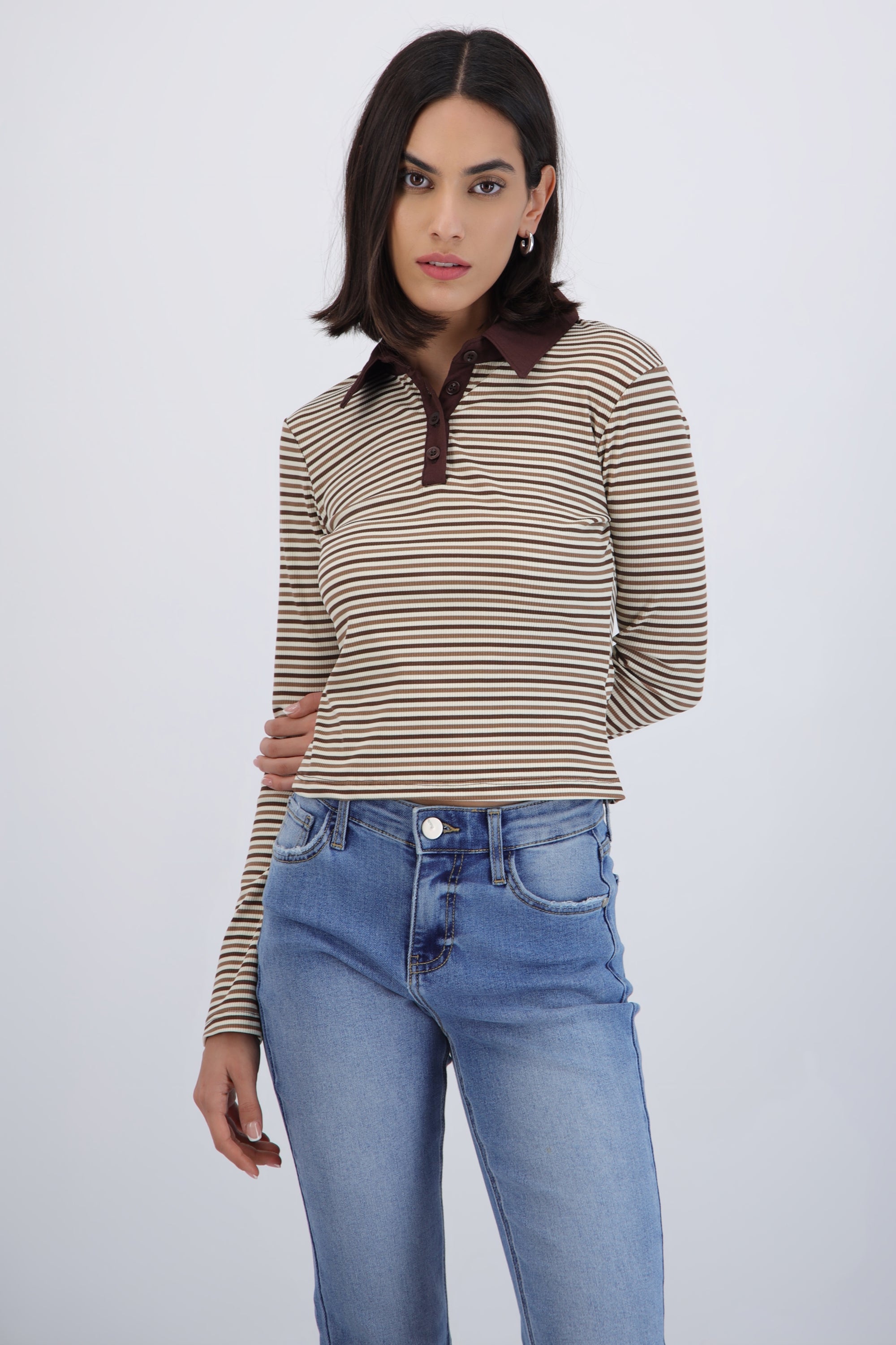 Top manga larga cuello polo rayas CAFE COMBO