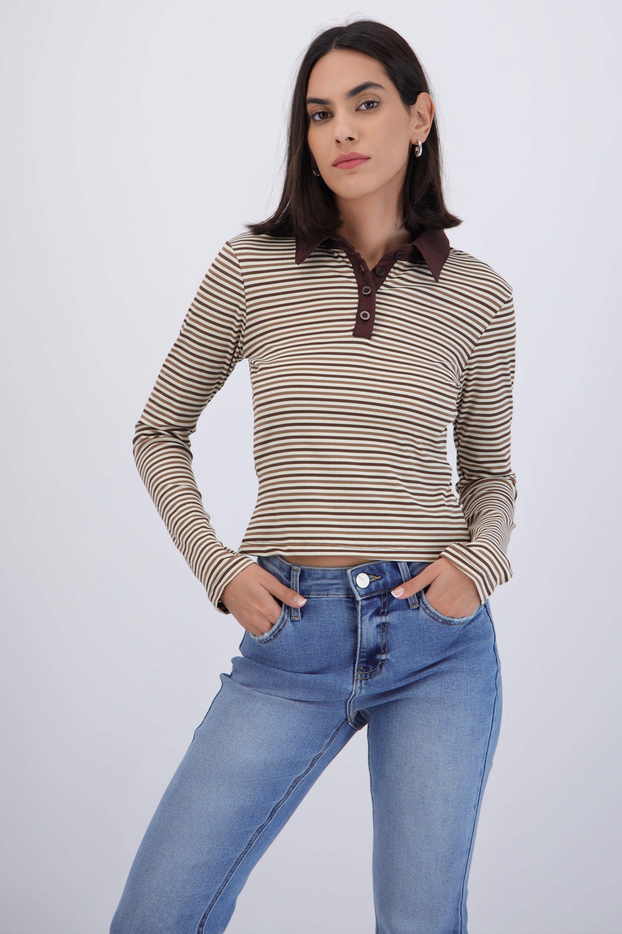 Top manga larga cuello polo rayas CAFE COMBO