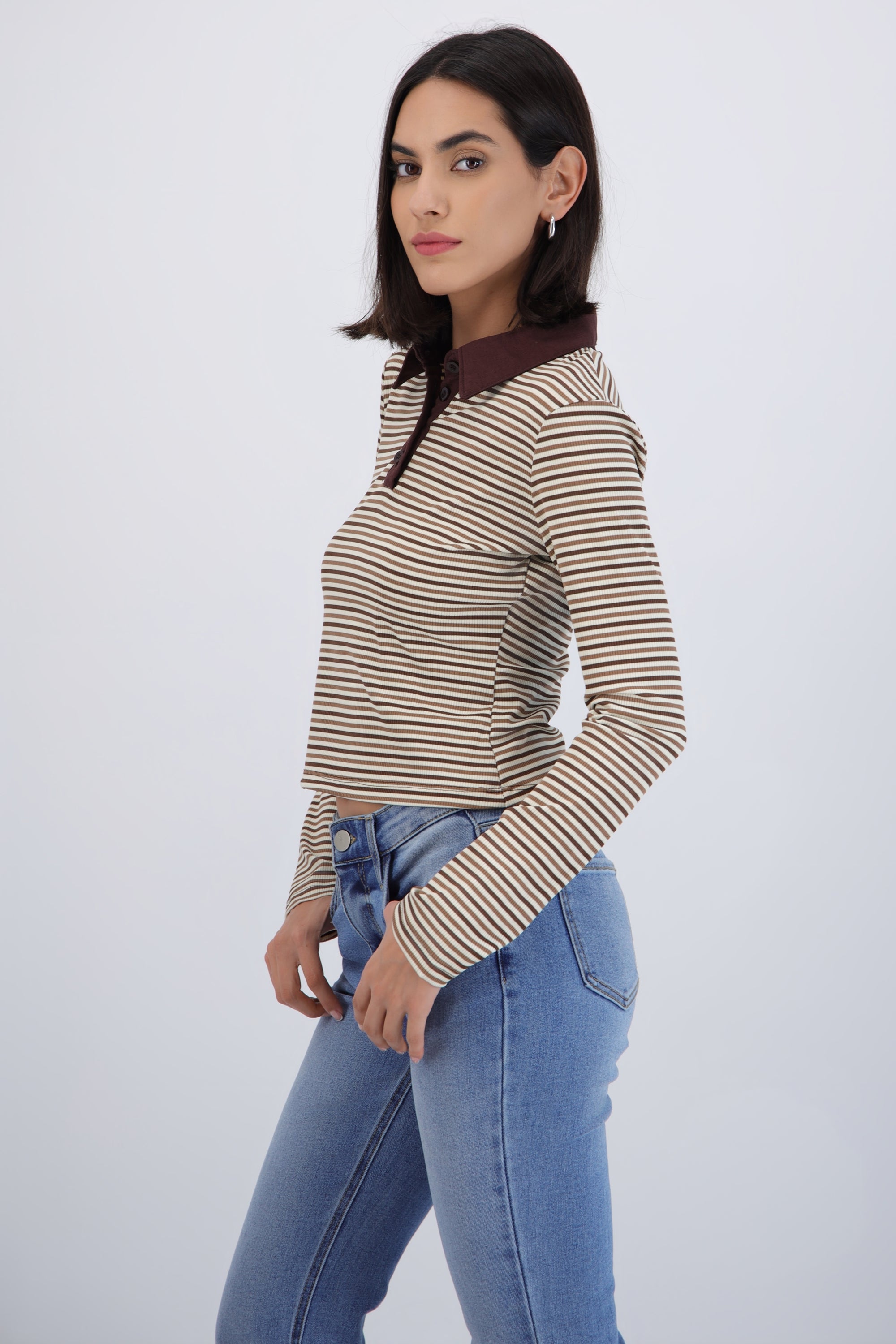 Top manga larga cuello polo rayas CAFE COMBO