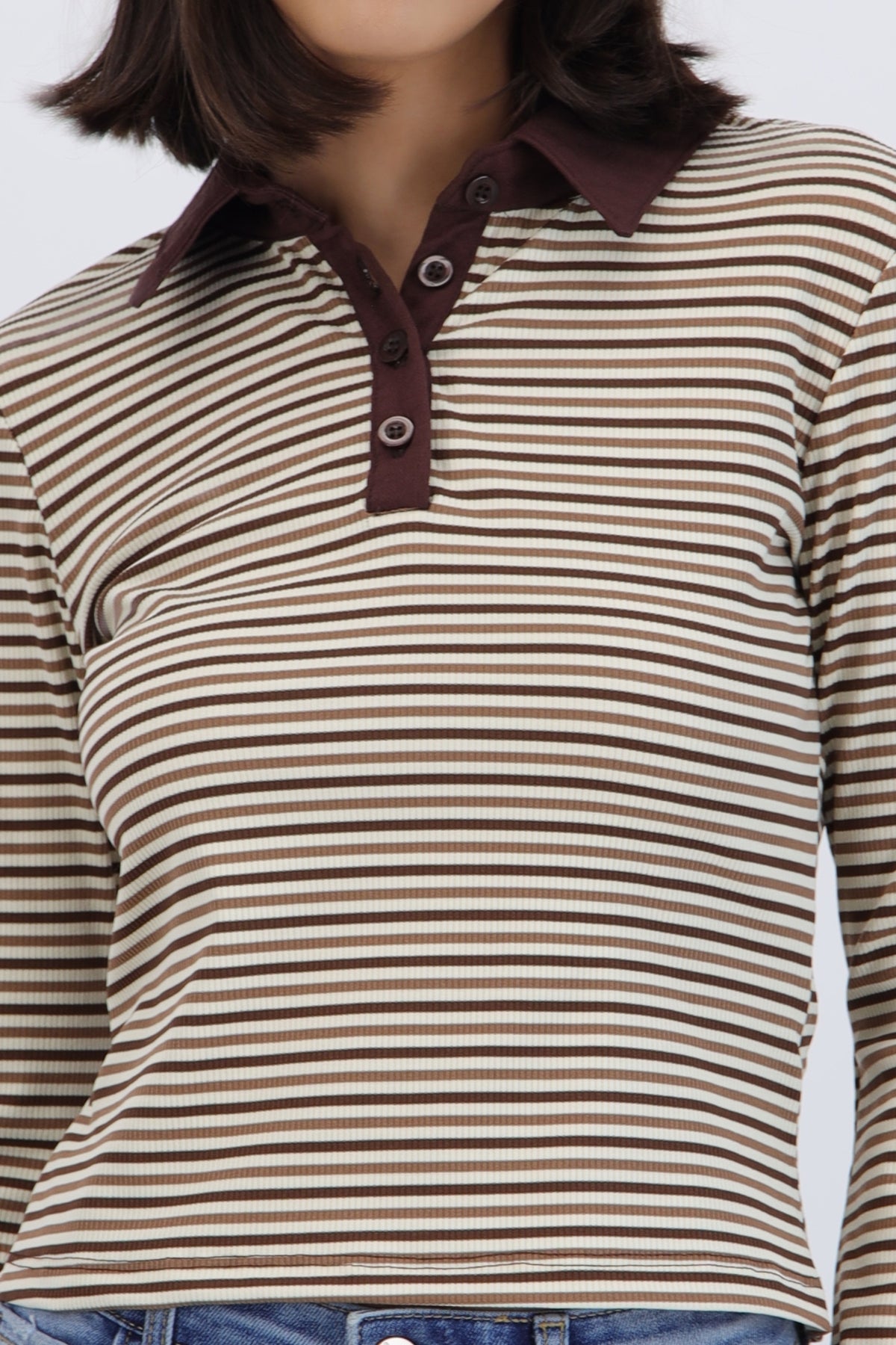 Top manga larga cuello polo rayas CAFE COMBO