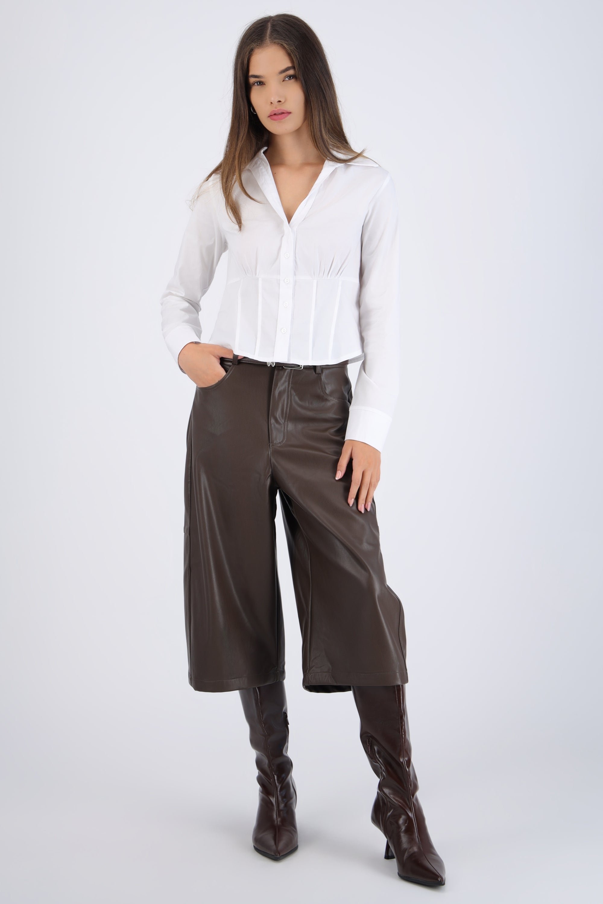 Camisa manga larga detalle cortes en cintura BLANCO