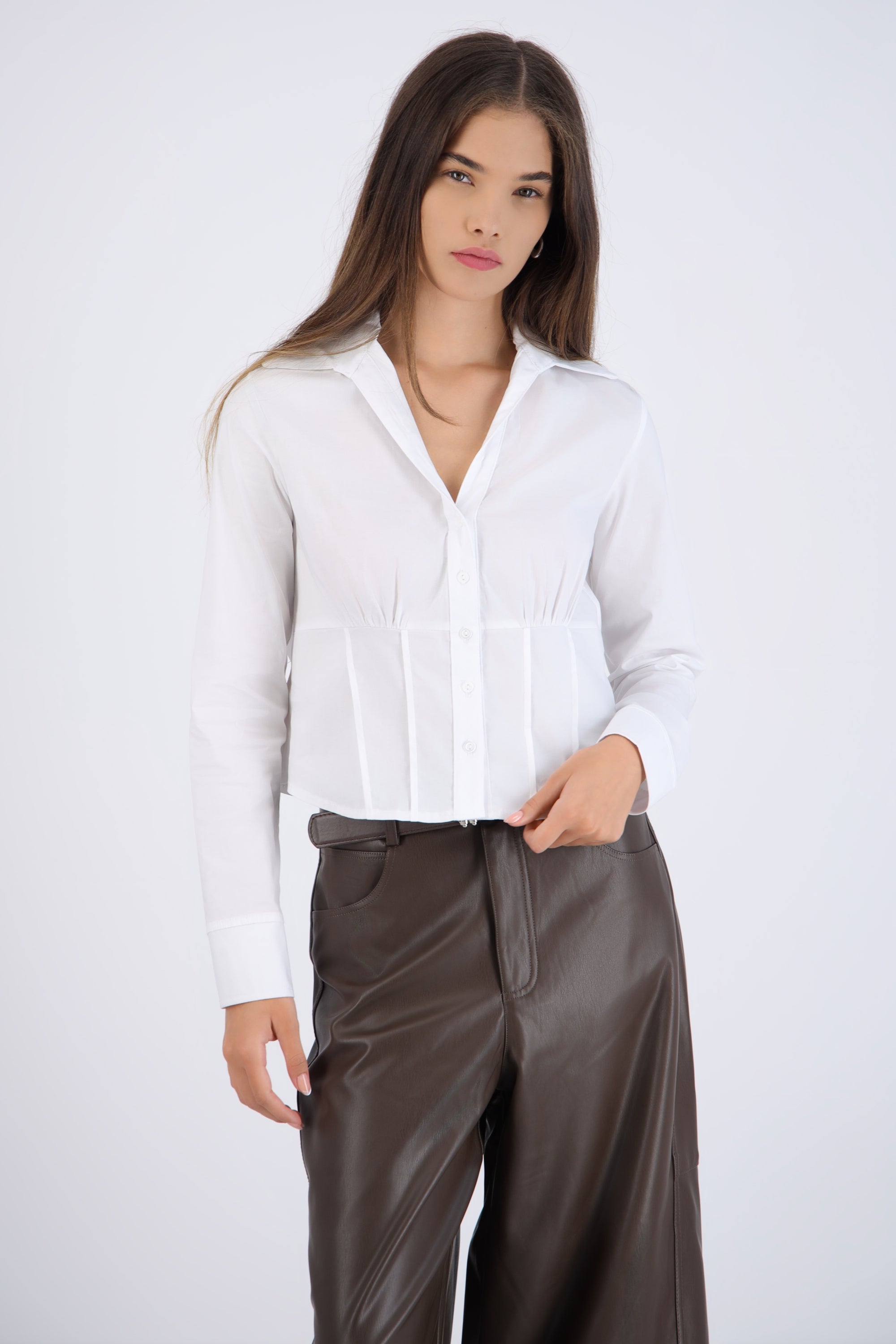 Camisa manga larga detalle cortes en cintura BLANCO