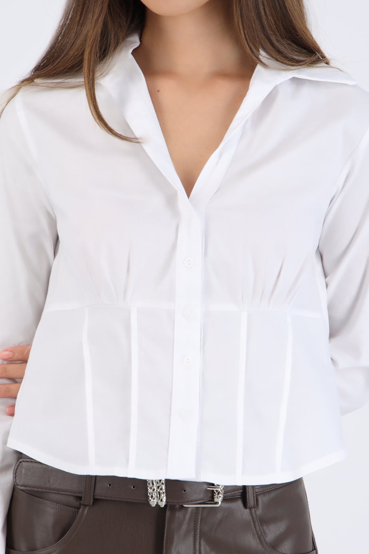 Camisa manga larga detalle cortes en cintura BLANCO